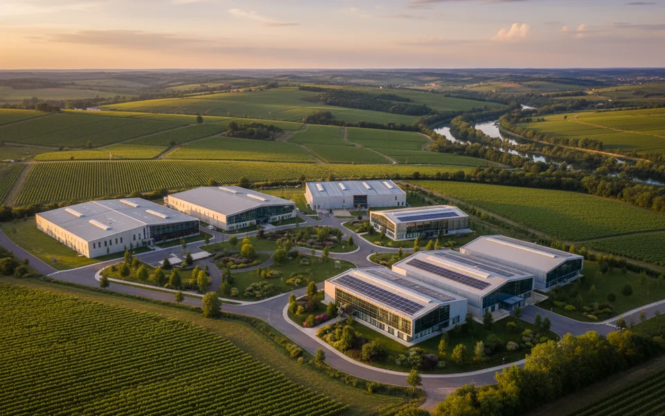 Zone d activite industrielle moderne en Nouvelle-Aquitaine avec batiments et espaces verts