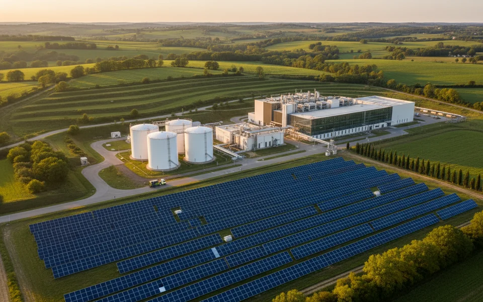 Complexe industriel énergétique en Nouvelle-Aquitaine avec panneaux solaires, stockage hydrogène et usine batteries