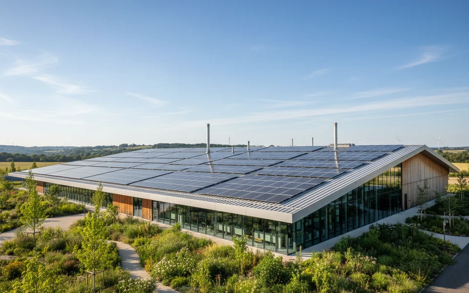 Industrie verte en Nouvelle-Aquitaine : usine moderne décarbonée avec panneaux solaires